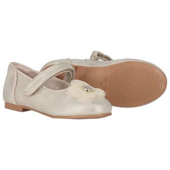 Girls Gold Diamante Flower Shoes