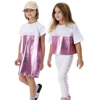Girls White & Pink Metallic Logo Dress