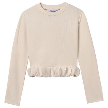 Girls Beige Ribbed Long Sleeve Top