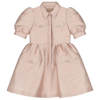 Girls Pink Satin Puff Sleeve Dress