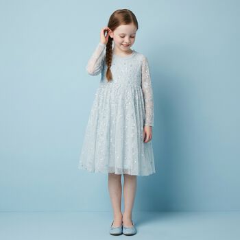 Girls Blue Sequin & Flower Tulle Cape Dress