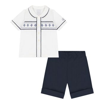 Baby Boys White & Navy Blue Shorts Set
