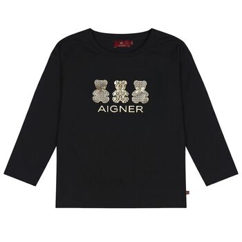 Girls Black & Gold Teddy Bear Logo Long Sleeve Top