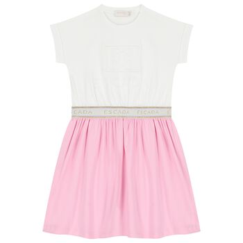 فستان بنات بالشعار باللون الابيض والوردى 