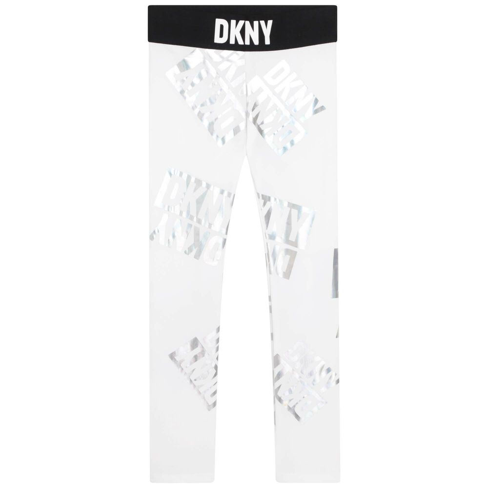 DKNY Girls White Iridescent Logo Leggings