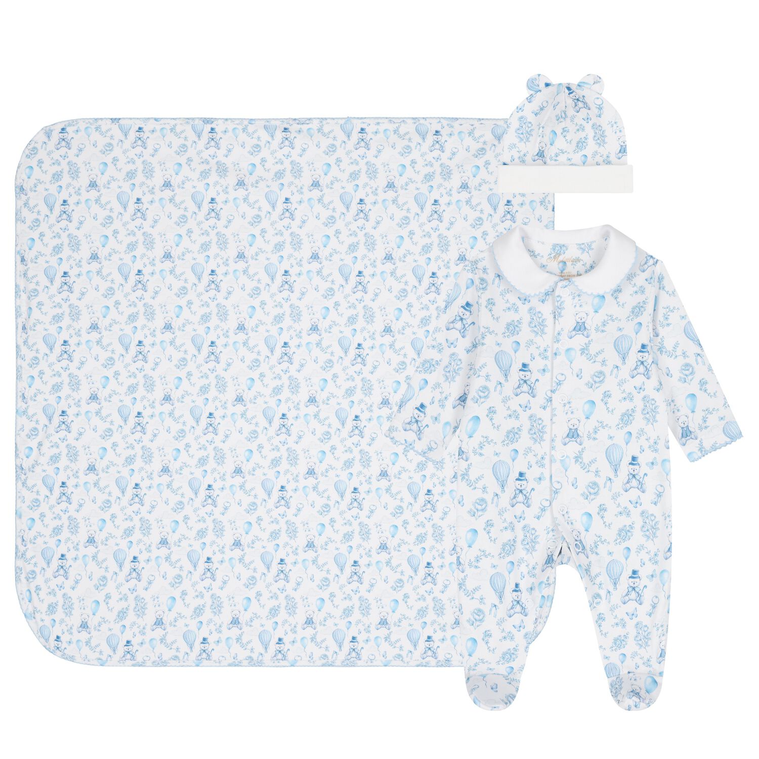 Boys White & Blue Toile Babygrow Set, 1, hi-res image number null