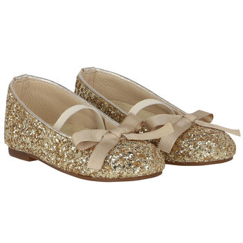Girls Gold Glitter Bow Shoes