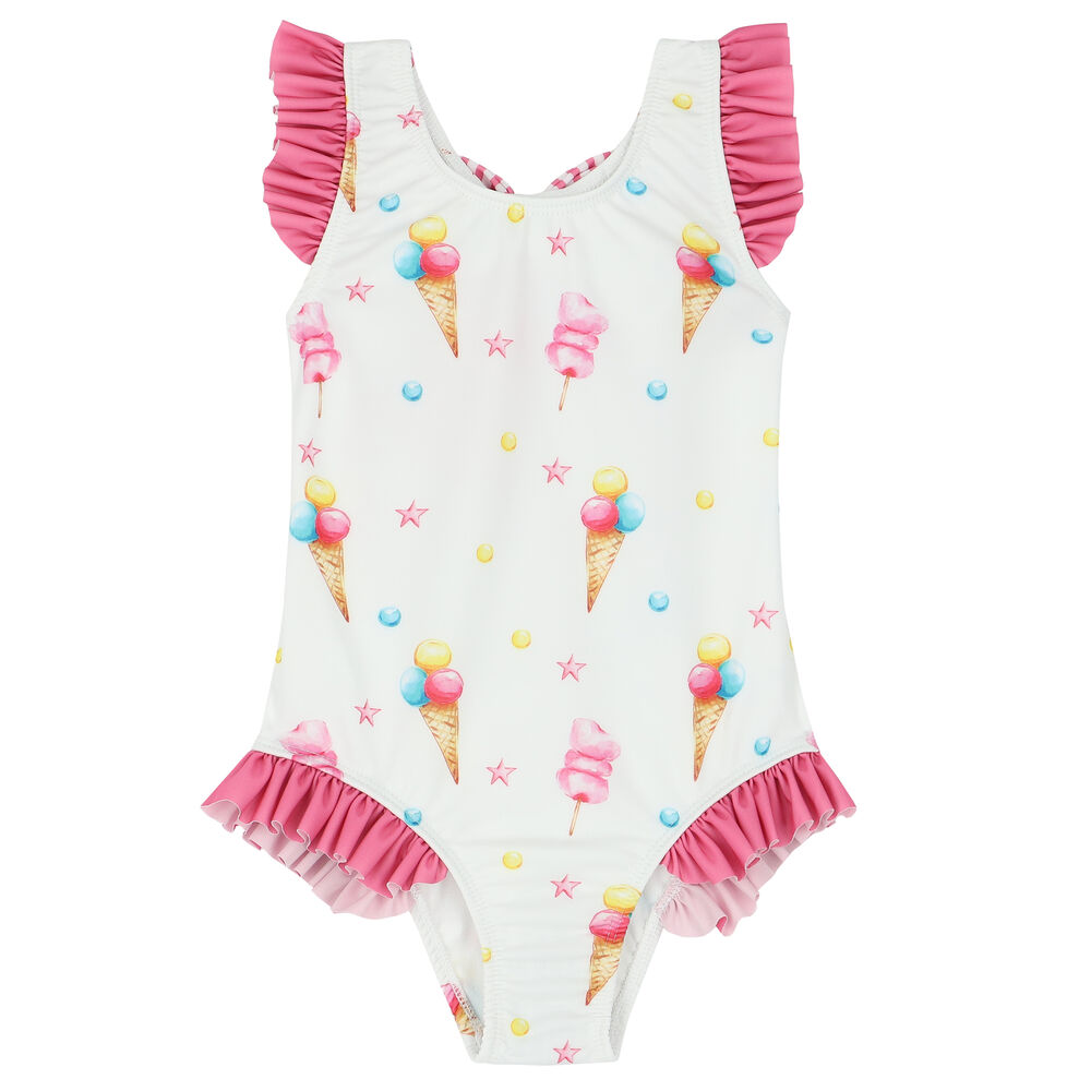 Meia Pata Girls White & Pink Ice Cream Swimsuit | Junior Couture