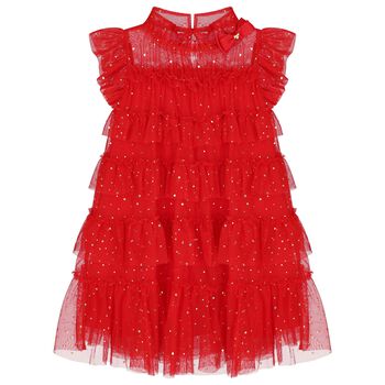 Girls Red Embellished Tiered Tulle Dress