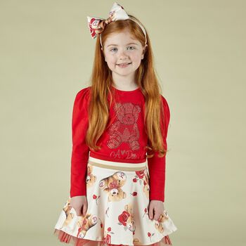Girls Red & Ivory Teddy Skirt Set
