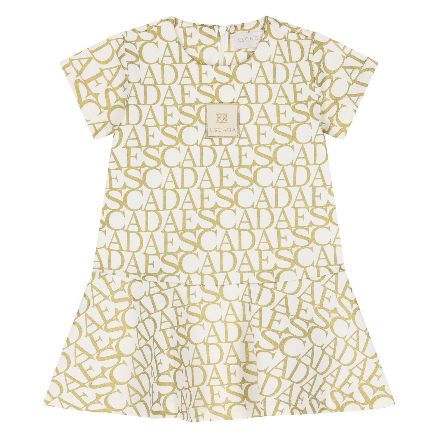 Younger Girls Ivory & Gold Logo Dress, 1, hi-res