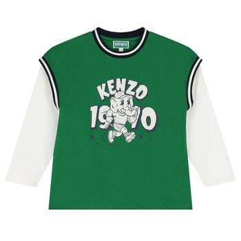 Boys Green & White Elephant Logo Long Sleeve Top