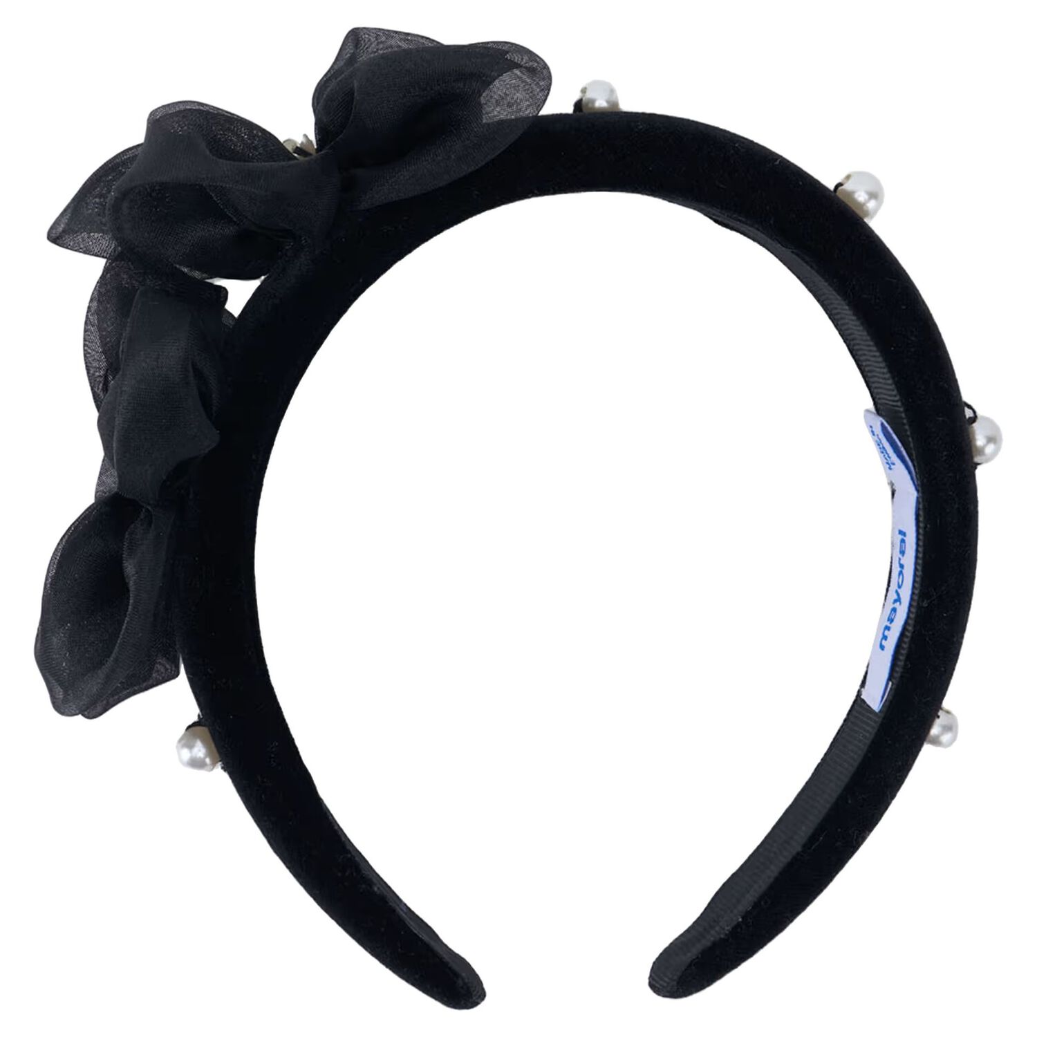 Girls Black Pearl Velvet Headband, 1, hi-res