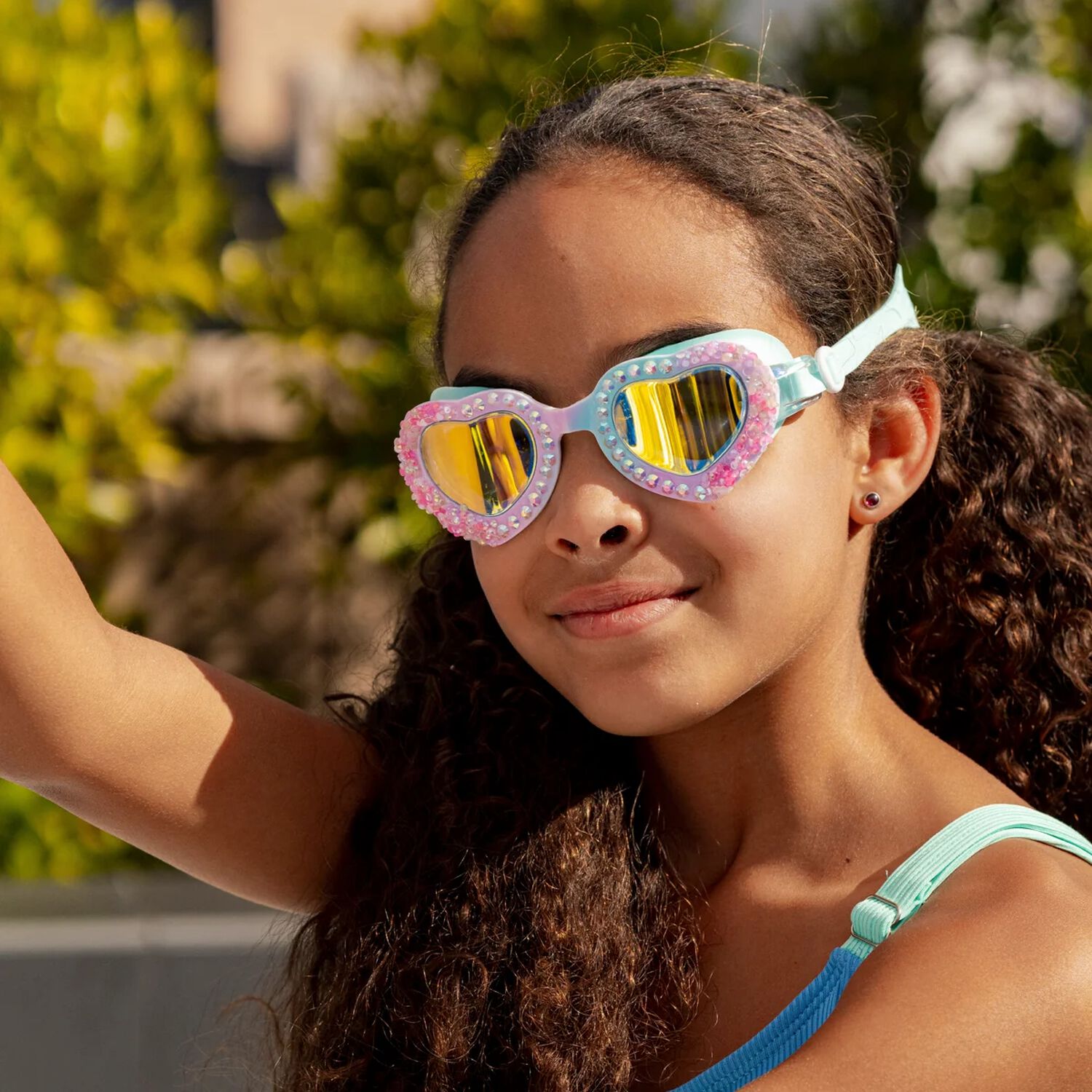 Girls Aqua Rhinestone Swimming Goggles, 1, hi-res