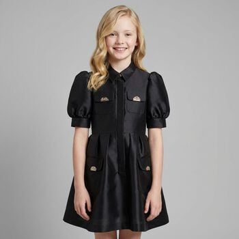 Girls Black Satin Puff Sleeve Dress