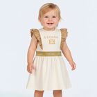Younger Girls Ivory & Gold Logo Ruffled Dress, 1, hi-res