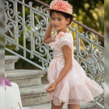 Girls Pink & Ivory Organza Stripe Dress