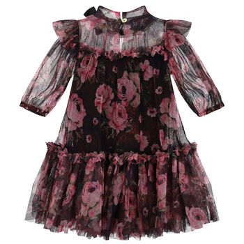 Girls Black Floral Tulle Dress