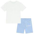 Boys White & Blue Logo Shorts Set, 1, hi-res