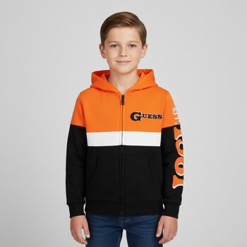 Boys Orange & Black Logo Hooded Zip Up Top