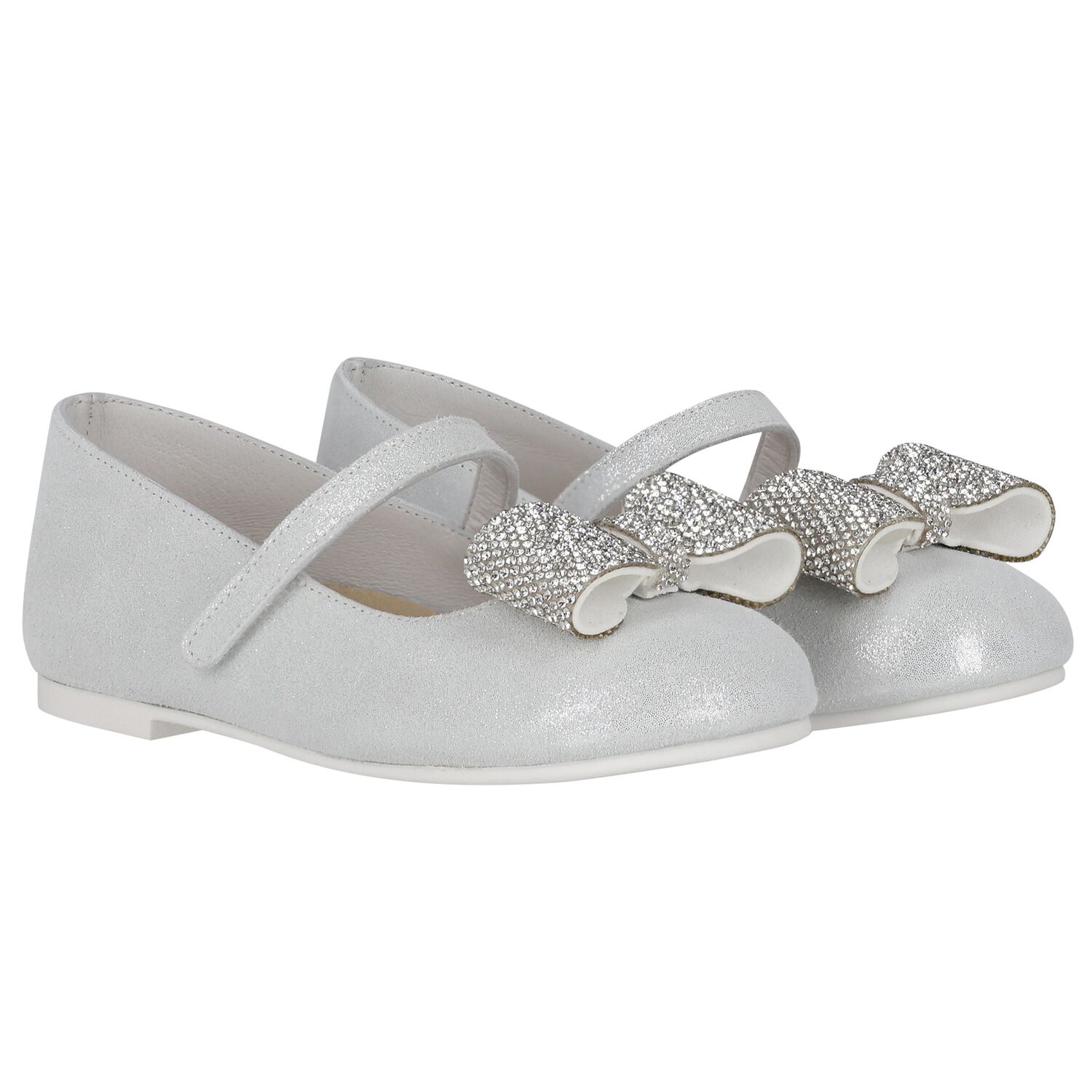 Girls Silver Embellished Bow Shoes, 1, hi-res image number null