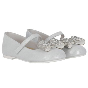 Girls Silver Embellished Bow Shoes
