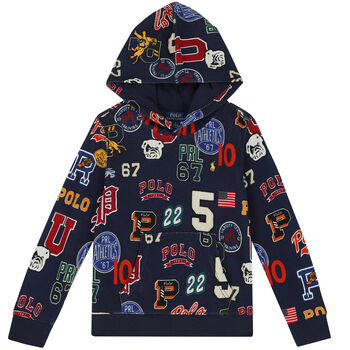 Boys Navy Logo Hooded Top