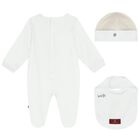 White Teddy Bear Logo Babygrow Set, 1, hi-res