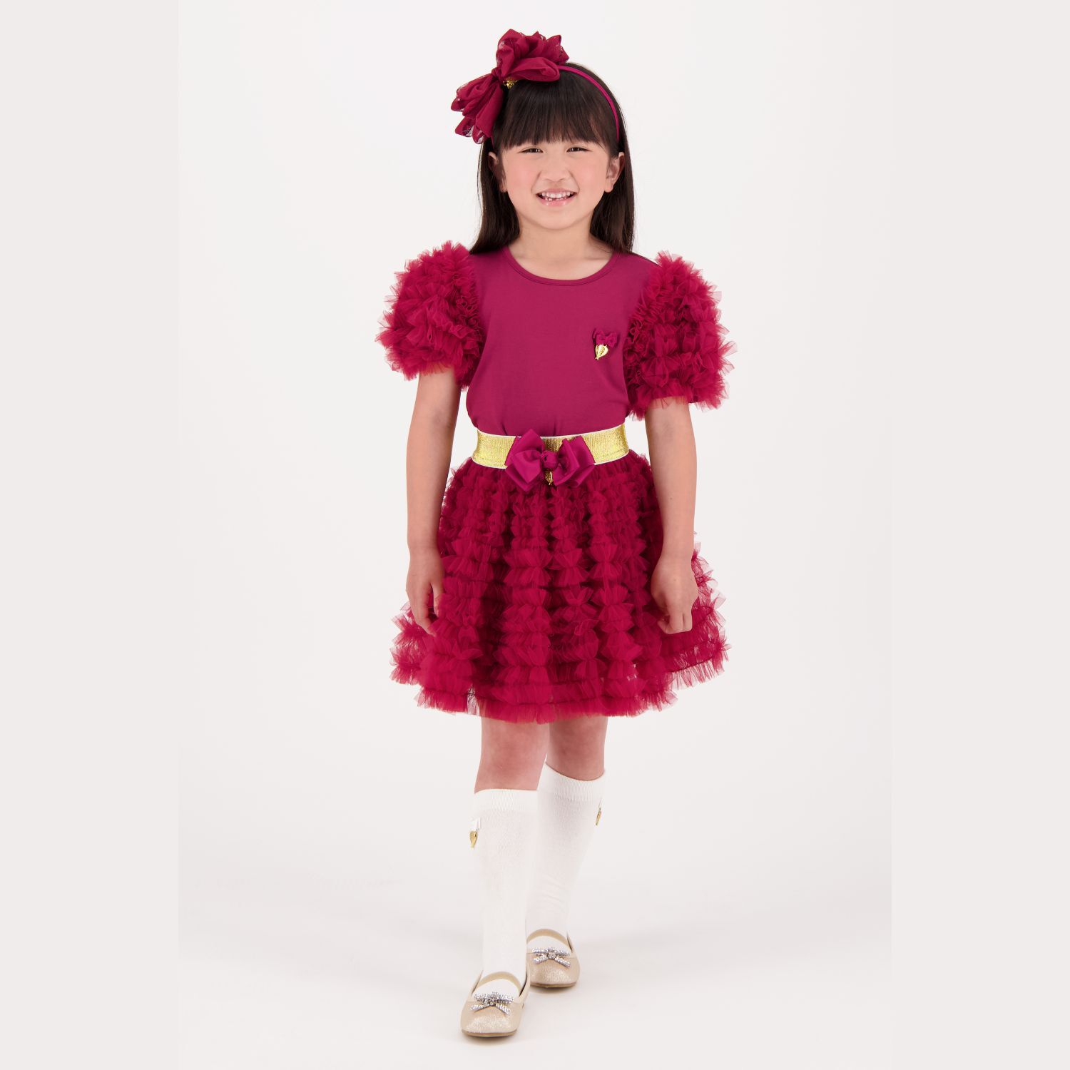 Girls Burgundy & Gold Tulle Skirt, 2, hi-res