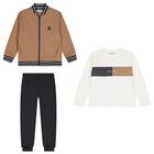 Boys Beige, White & Black Tracksuit Set (3 Piece), 2, hi-res