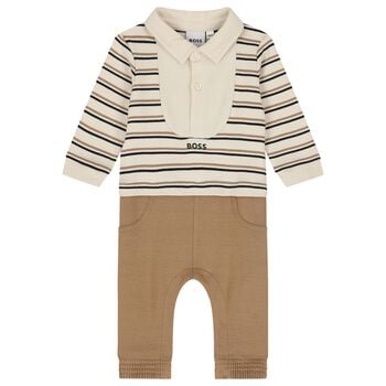 Baby Boys Beige Logo Striped Romper 