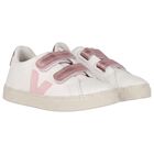 Girls White & Pink Logo Leather Trainers , 1, hi-res