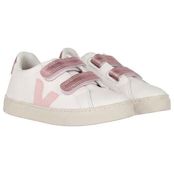 Girls White & Pink Logo Leather Trainers 