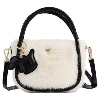 Girls Ivory & Black Faux Fur Handbag ( 13cm )