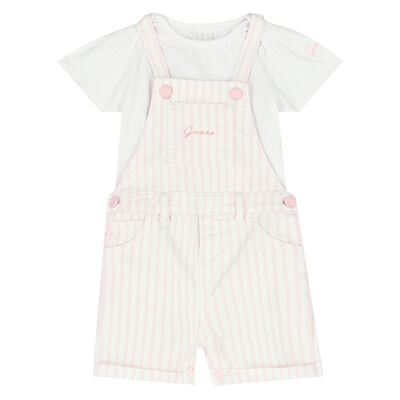 Baby Girls White & Pink Striped Dungaree Set