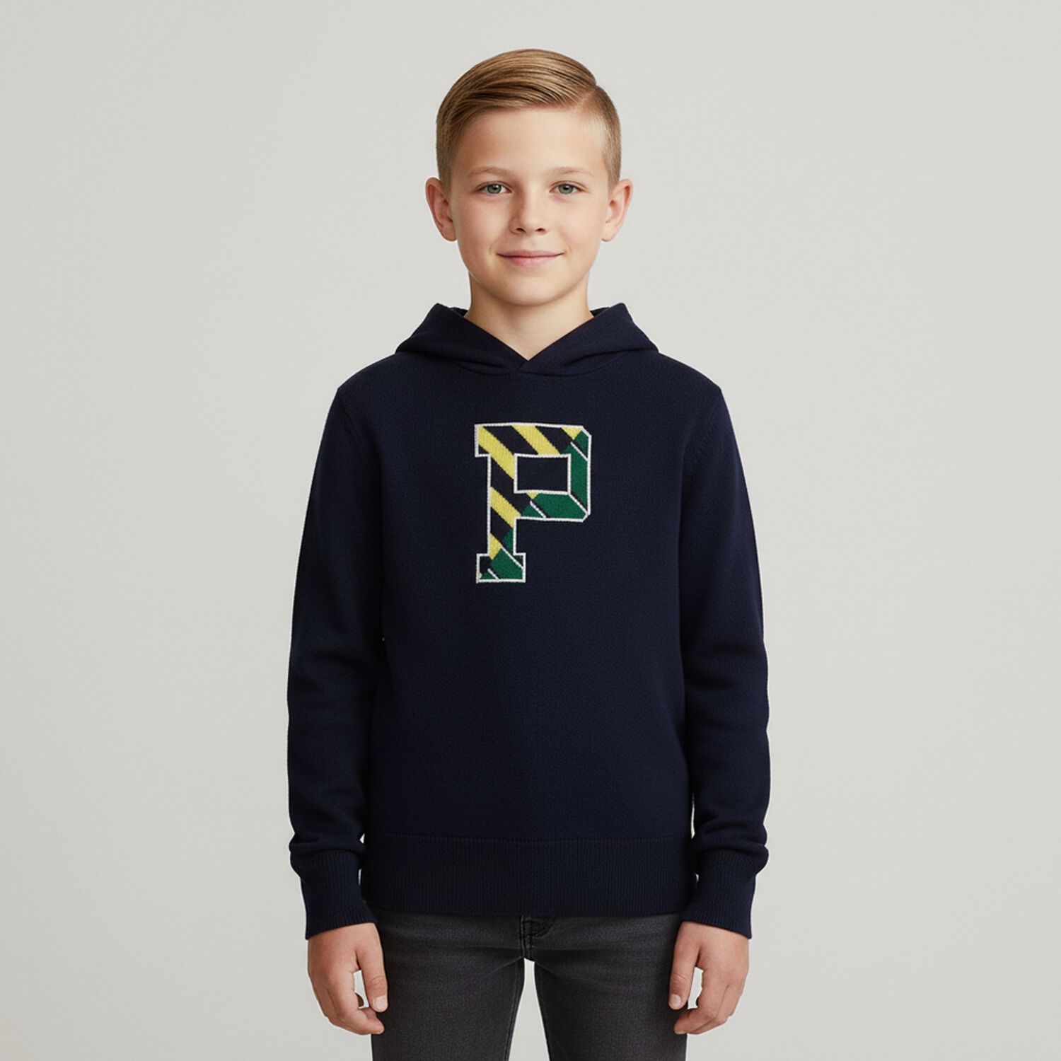 Boys Navy Logo Knitted Hooded Top, 1, hi-res image number null