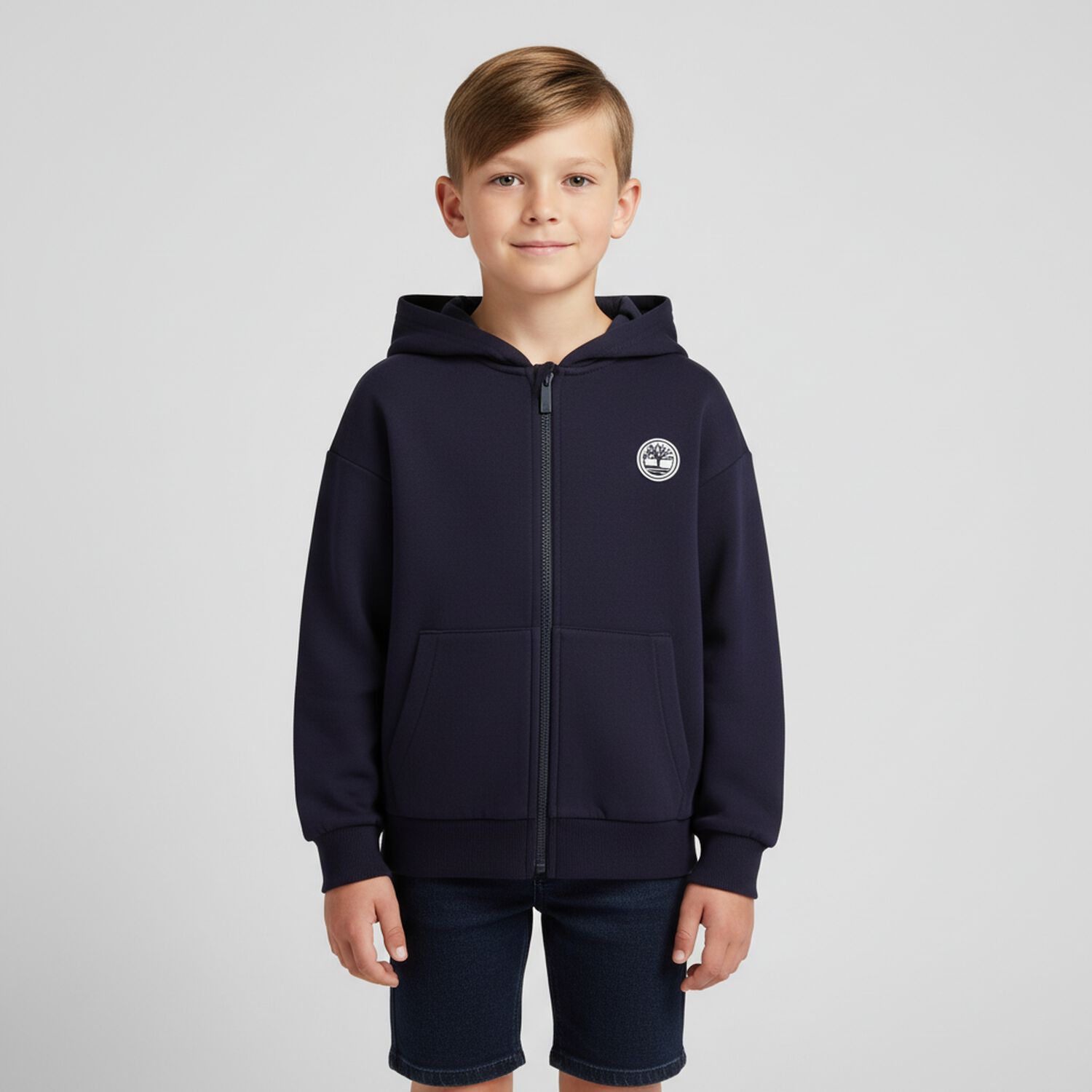 Boys Navy Blue Logo Hooded Zip Up Top, 2, hi-res