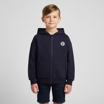 Boys Navy Blue Logo Hooded Zip Up Top
