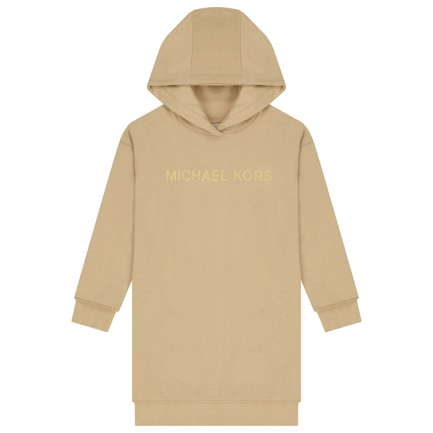 Girls Beige Logo Hooded Dress, 1, hi-res