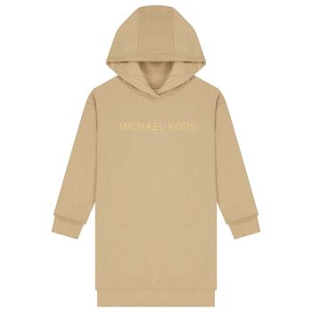 Girls Beige Logo Hooded Dress