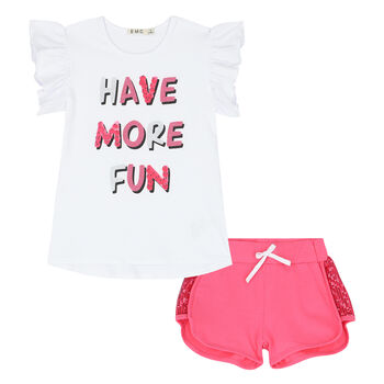 Girls White & Pink Embellished Shorts Set