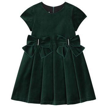 Girls Green Velvet Bow Dress