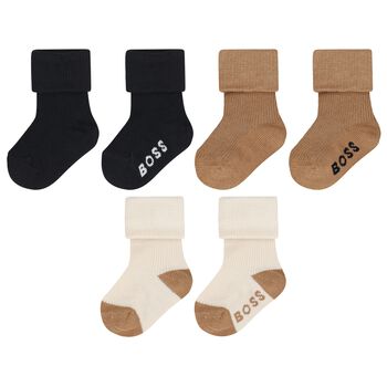 Baby Boys Beige & Black Logo Socks ( 3-Pack ) 