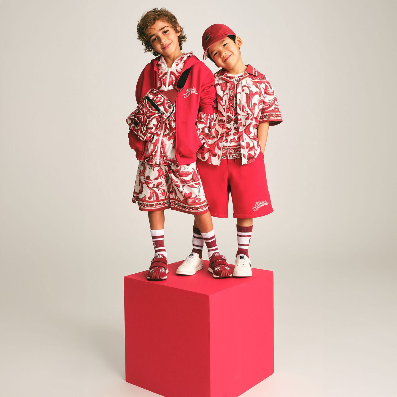 Boys White & Red Majolica Swim Shorts, 1, hi-res
