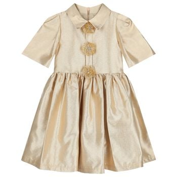 Girls Gold Flower Satin Twill Dress