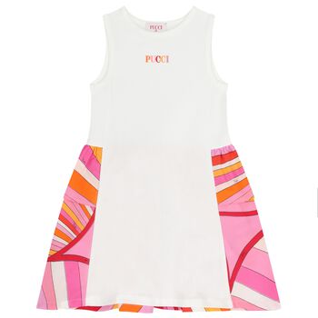 Girls White & Pink Logo Flared Dress 