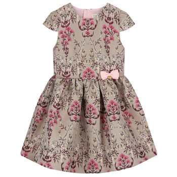 Girls Beige Jacquard Dress