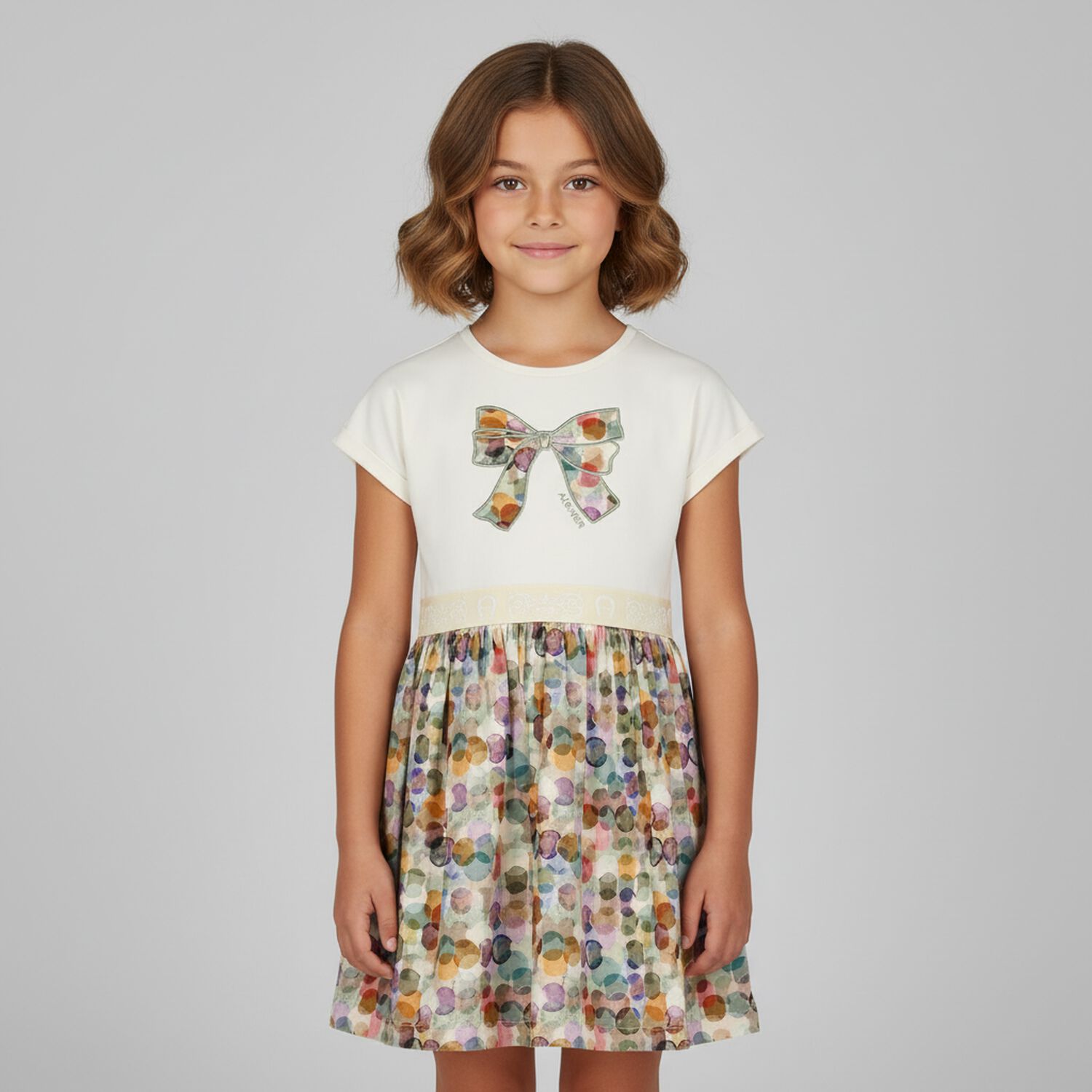 Girls Ivory & Green Ribbon Dress, 1, hi-res