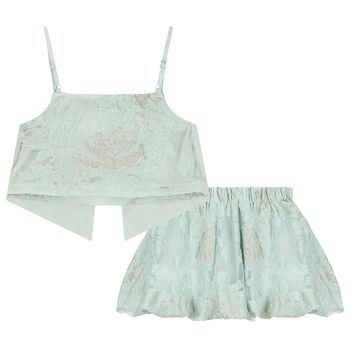 Girls Green Jacquard Skirt Set