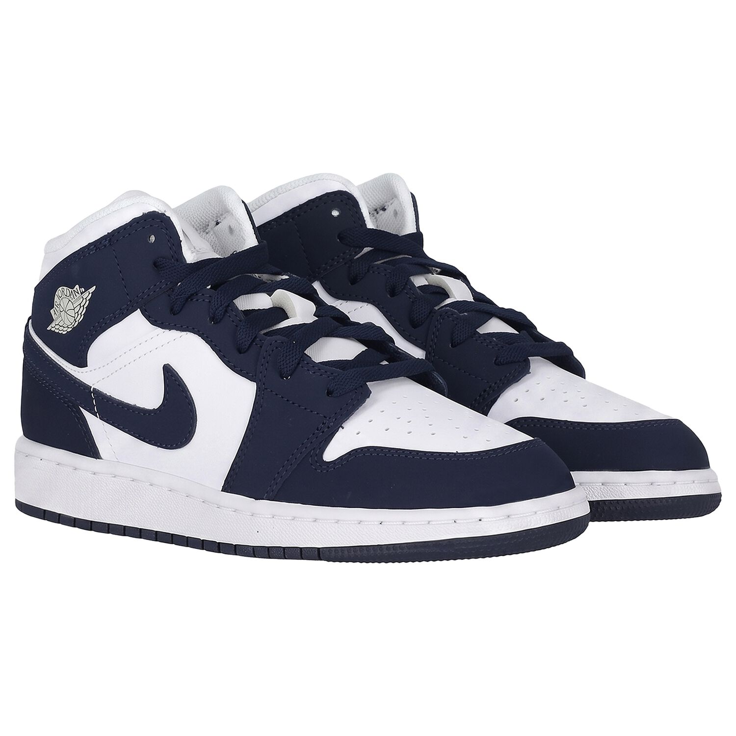 Navy Blue & White Air Jordan 1 Mid Trainers, 1, hi-res